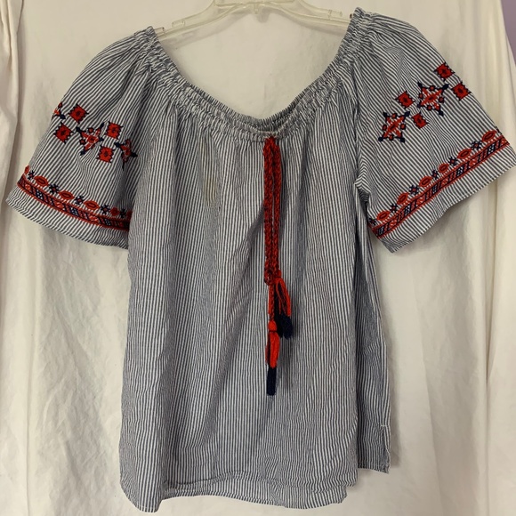 Embroidered Striped Off-the-Shoulder Blouse - Picture 1 of 2